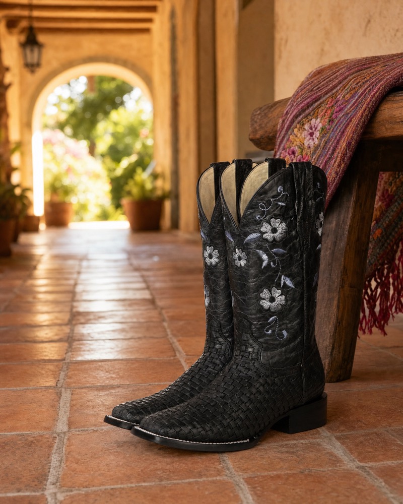 Botas de dama petatillo negras en corredor de hacienda