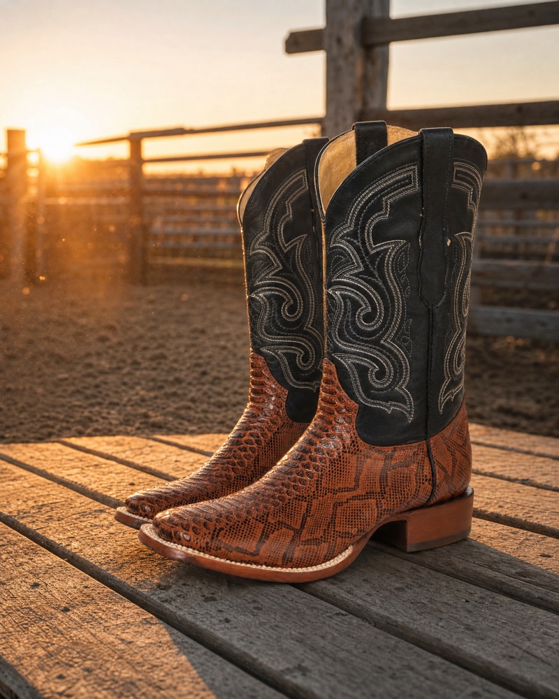 Botas de rodeo grabado pitón coñac al atardecer