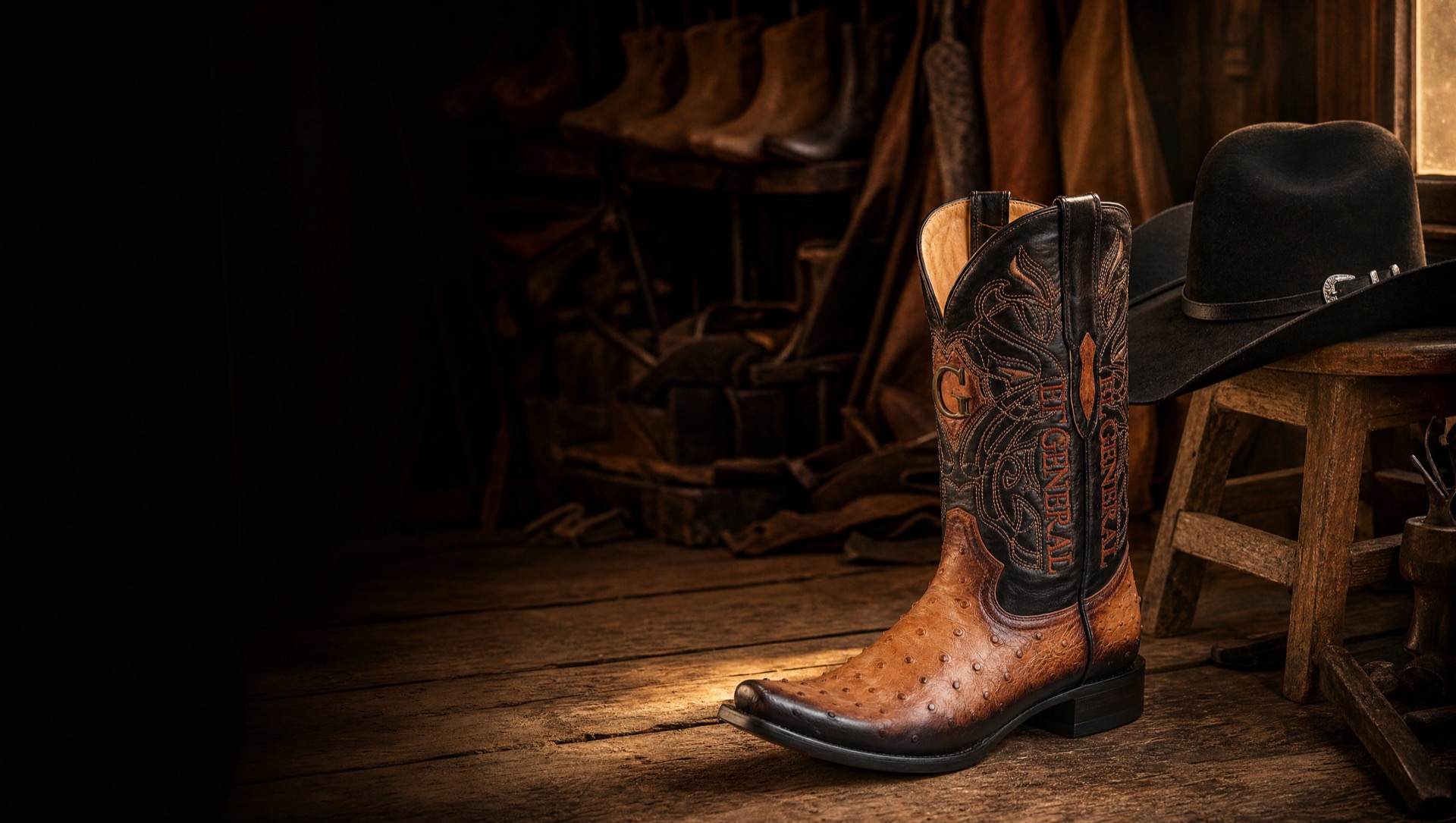 Bota de avestruz El General y sombrero 50X en un taller de León
